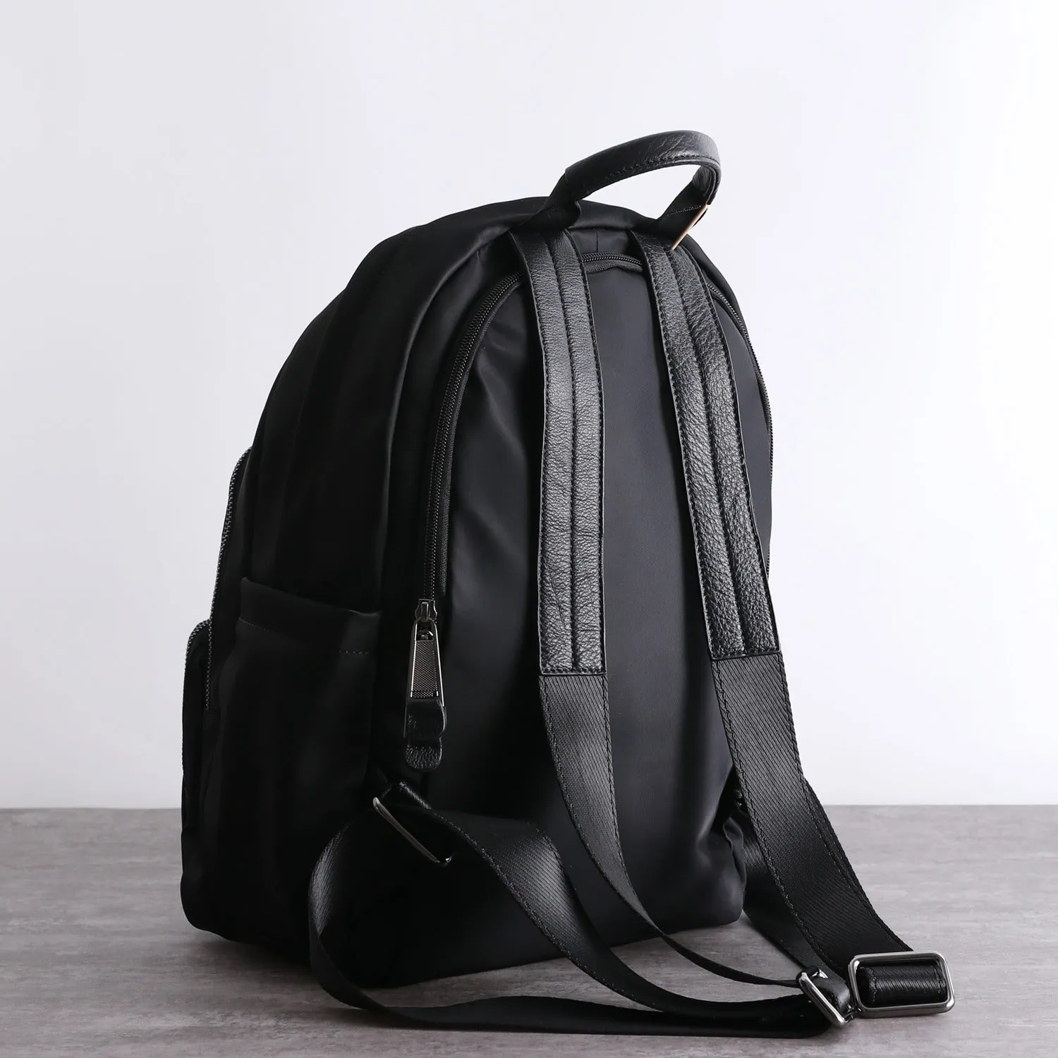 Black Nylon Satchel Backpack Womens School Backpack Bag Black Nylon Leather Travel Rucksack for Ladies