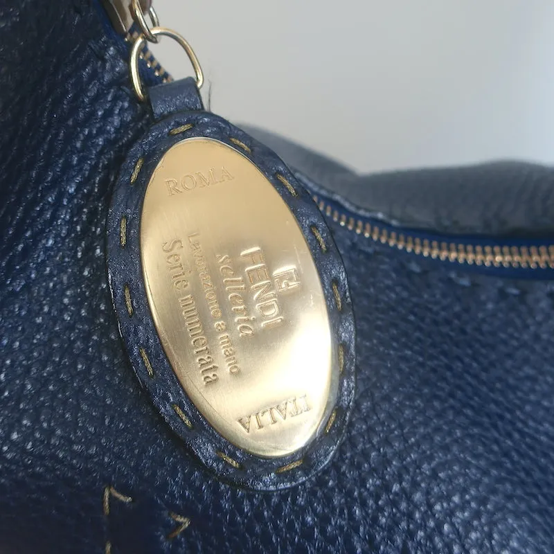 Fendi Selleria Hobo Navy Grained Leather Large Shoulder Bag