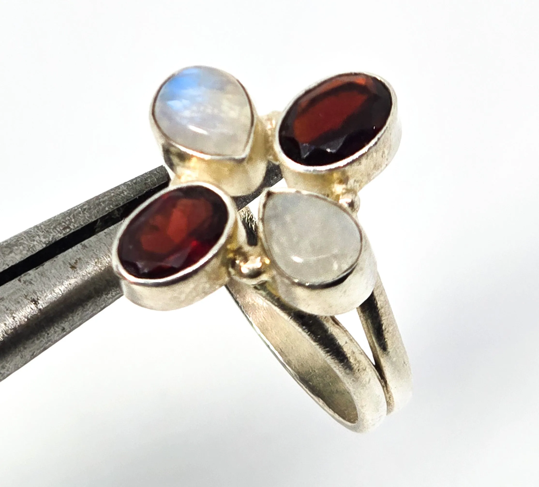 Flashy RainbowBlue Moonstone and garnet gemstone sterling silver ring size 8