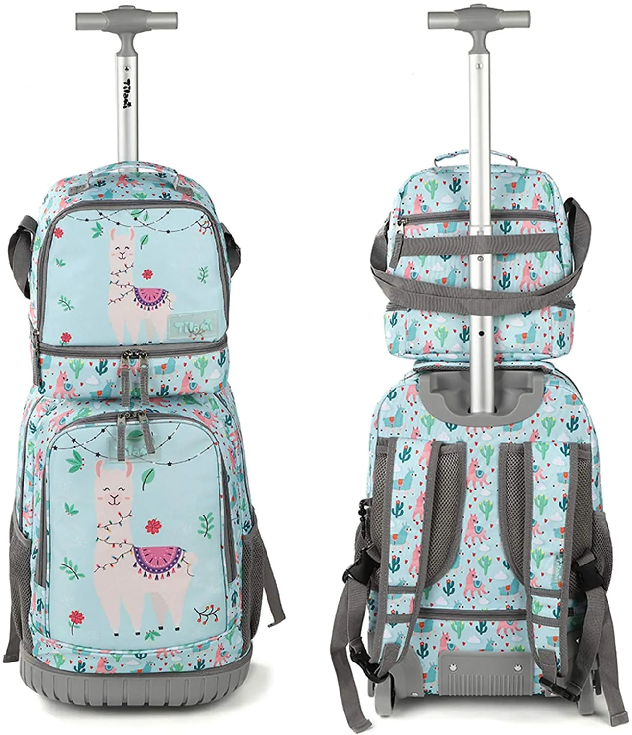 Tilami Green Alpaca Rolling Backpack 19 inch with Lunch Bag Wheeled Laptop Backpack
